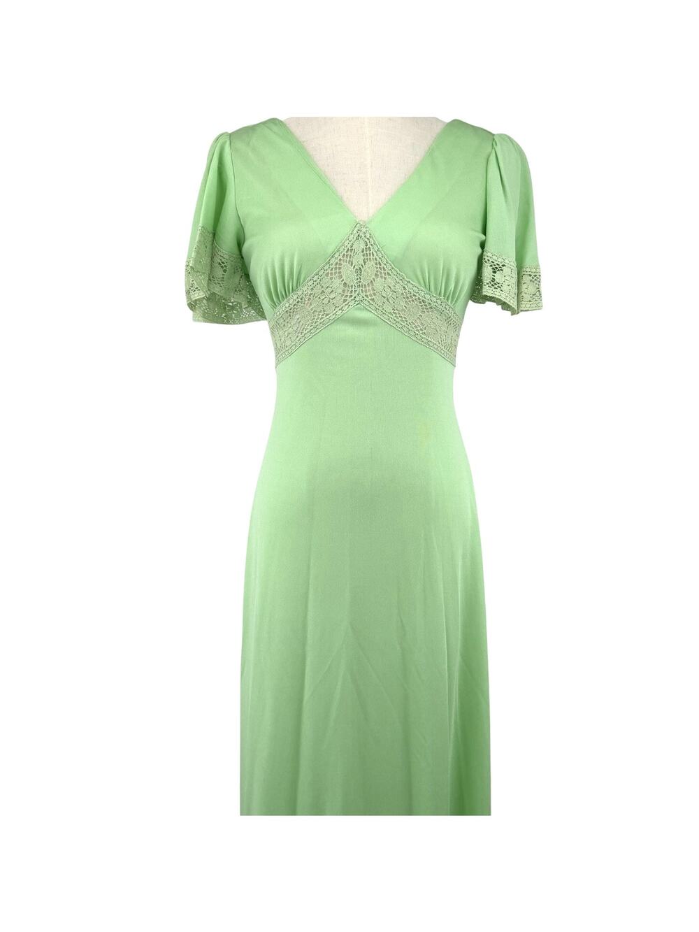 Vintage 70s Green Maxi Dress Lace Empire Waist Small ILGWU JCPenney Prairie Boho